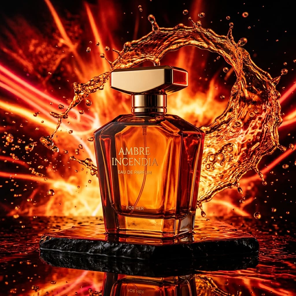 Bold high-energy AI commercial product photography with vibrant liquid splash and neon glow