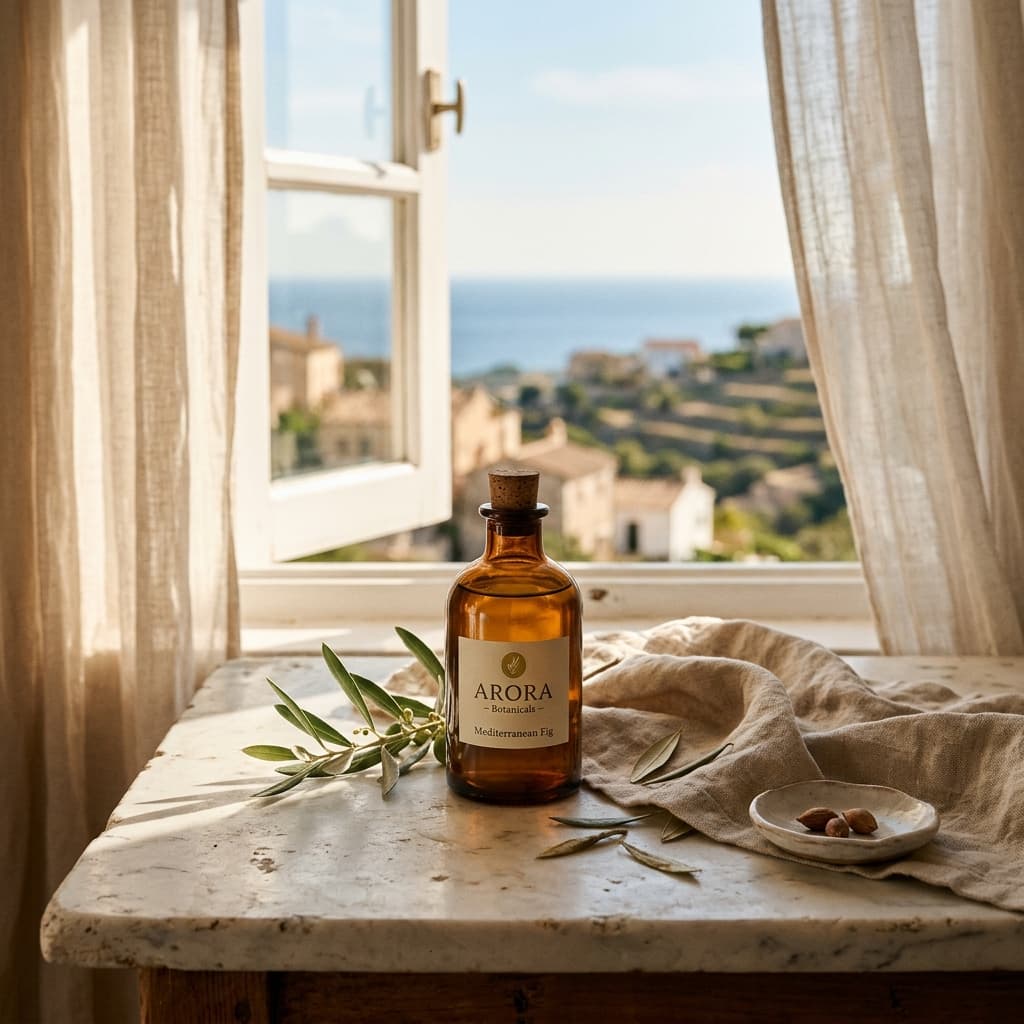 Warm organic lifestyle AI commercial shoot with Mediterranean morning sunlight and botanicals